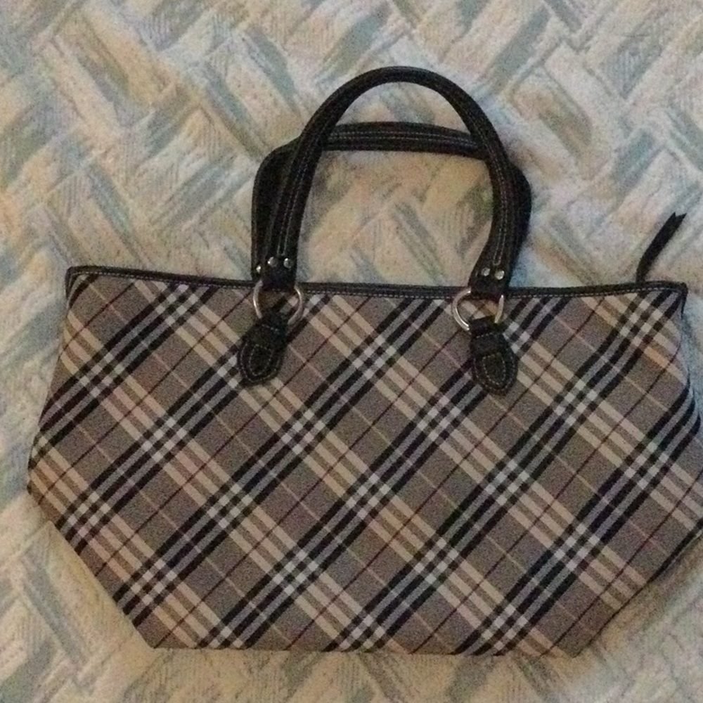Plaid Tote Bag with Black Trim - Neutral Plaid Handbag